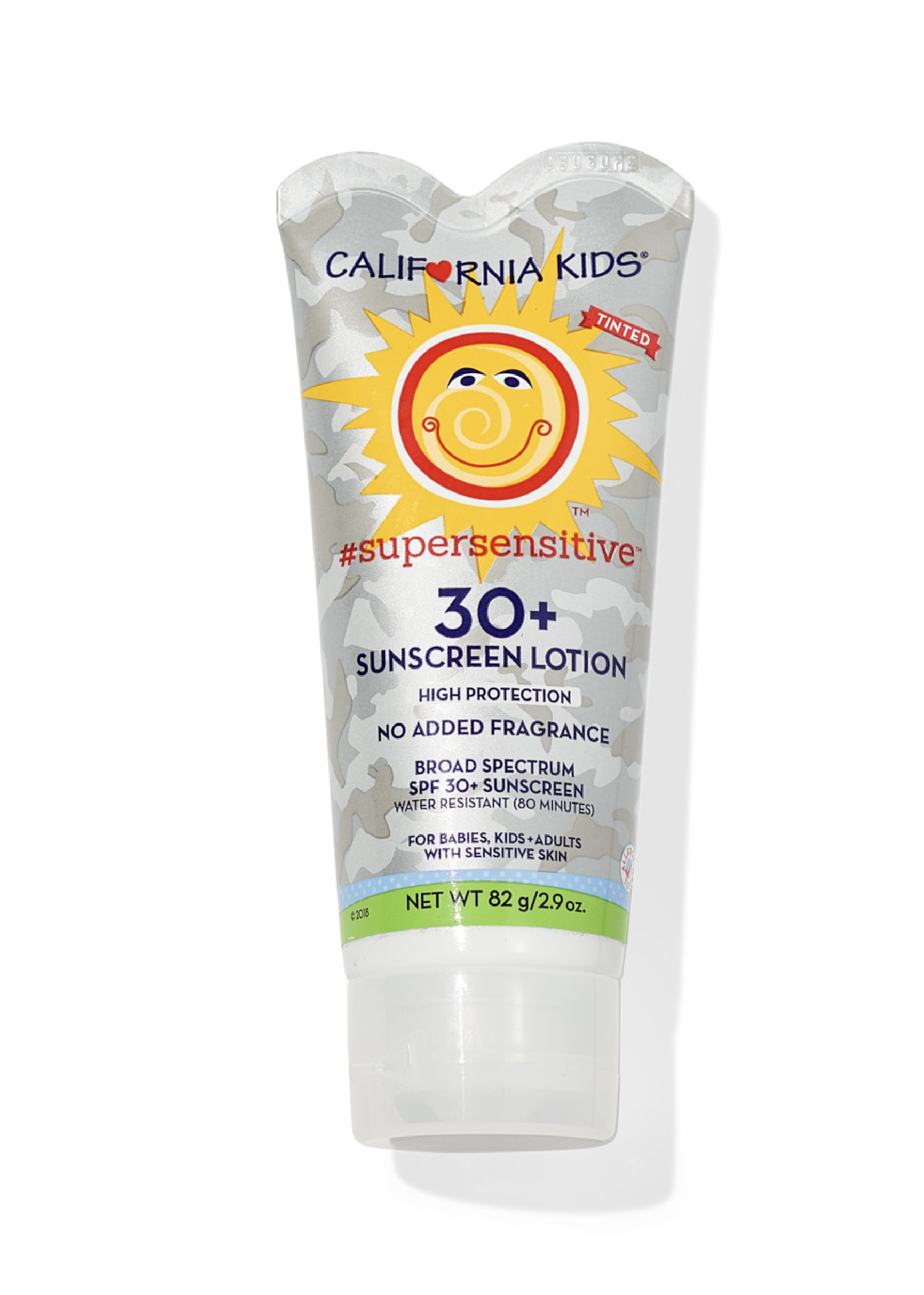 California Kids Supersensitive sunscreen lotion tube on a white background. California Kids® #supersensitive™ Broad Spectrum SPF 30+ Sunscreen