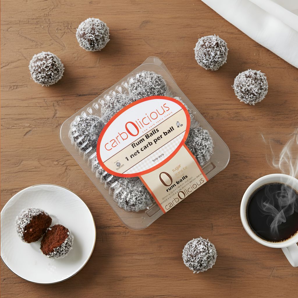 Carbolicious sugar-free keto rum balls in a clear package on a wooden table, surrounded by coconut-coated rum balls with a cup of black coffee and a plated cut-open rum ball.