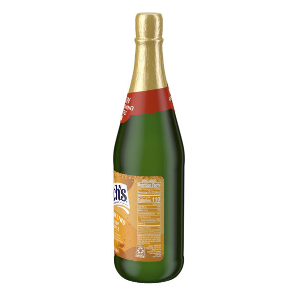aWelch's Non-Alcoholic Sparkling Crisp Apple Juice Cocktail bottle shown from the back with gold foil neck, green glass bottle, nutrition facts panel, ingredient label, and barcode on a white background.