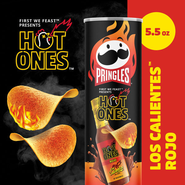 Pringles Hot Ones Los Calientes Rojo can with flames and chip graphics on a black and red background.