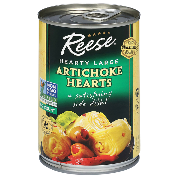 Can of Reese Artichoke Hearts on a white background. Reese Hearty Large Artichoke Hearts a satisfying side dish. Non GMO Project Certified Reese company quality since 1947.