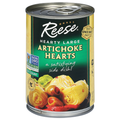 Can of Reese Artichoke Hearts on a white background. Reese Hearty Large Artichoke Hearts a satisfying side dish. Non GMO Project Certified Reese company quality since 1947.