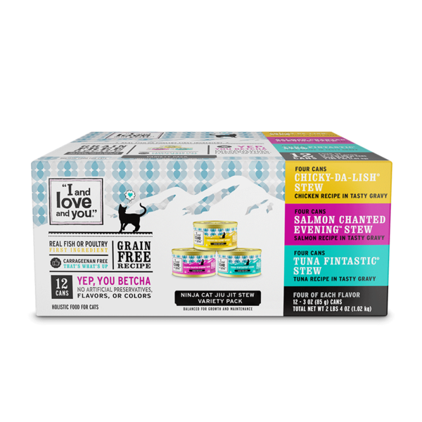I and love and you Cat Can Variety-pack, Stew; Chicky-Da-Lish, Salmon Chanted Evening, Tuna Fintastic