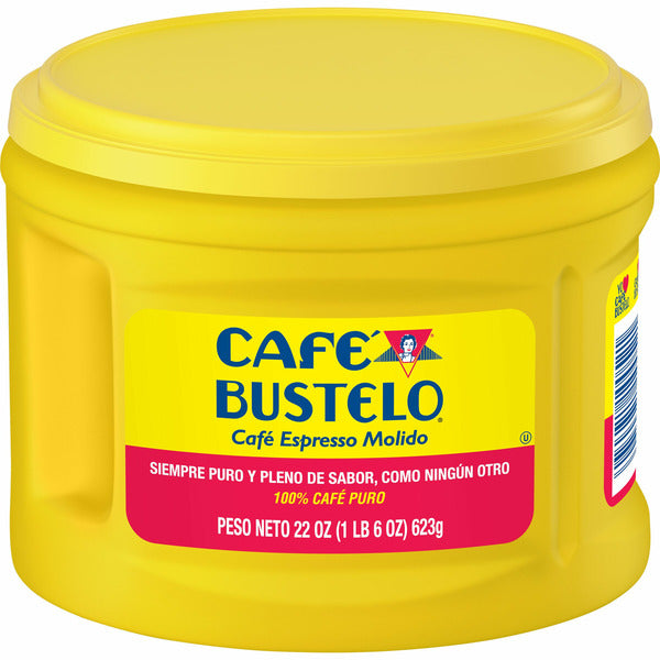 large yellow container of Cafe Bustelo 22 oz (1 lb 6 oz) 623g with a visible label on a white background.