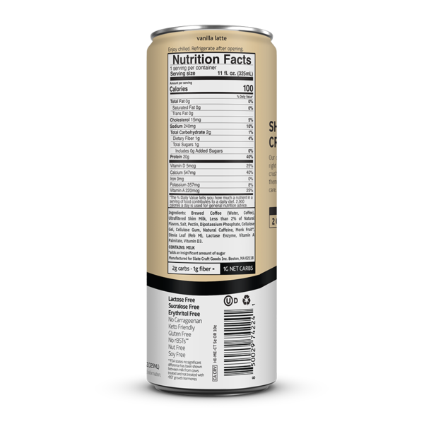 Slate Vanilla Latte, 20g Protein, Lactose Free, 0g Added Sugar