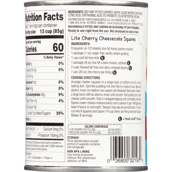Food Club Pie Filling or Topping, Lite, Cherry