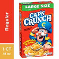 aCap'N Crunch Regular Cereal in its iconic blue box, featuring crunchy golden corn and oat cereal squares. A classic family breakfast cereal with a sweet, crunchy texture, perfect for breakfast or snacking. Displayed in retail packaging against a clean white background for online grocery shopping.