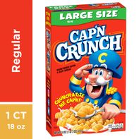 aCap'N Crunch Regular Cereal in its iconic blue box, featuring crunchy golden corn and oat cereal squares. A classic family breakfast cereal with a sweet, crunchy texture, perfect for breakfast or snacking. Displayed in retail packaging against a clean white background for online grocery shopping.