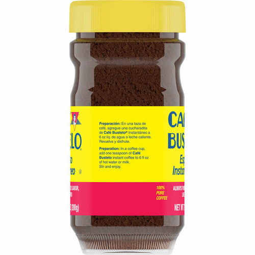 Jar of Cafe Bustelo instant coffee with a yellow lid and label on a white background