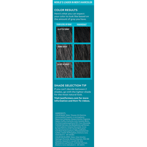 Just For Men Mustache & Beard Hair Color shade selection guide showing expected Real Black (M-55) results for different levels of gray, with beard color comparison images, shade selection tips, and ingredient information on product packaging.
