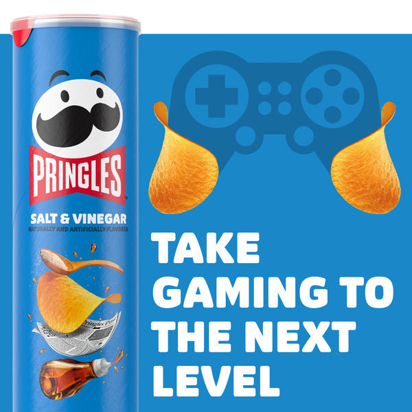 Pringles salt and vinegar can with gaming theme on blue background