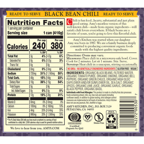 Amy's Kitchen Organic Low-Fat Medium Black Bean Chili