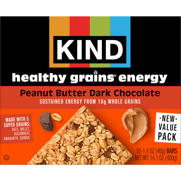 KIND Healthy Grains Energy Peanut Butter Dark Chocolate Snack Bars, 10 Count, Cardboard Box