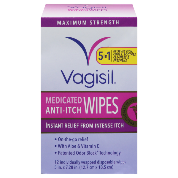 Vagisil Wipes, Medicated, Maximum Strength, Anti-Itch - 5 x 7.28