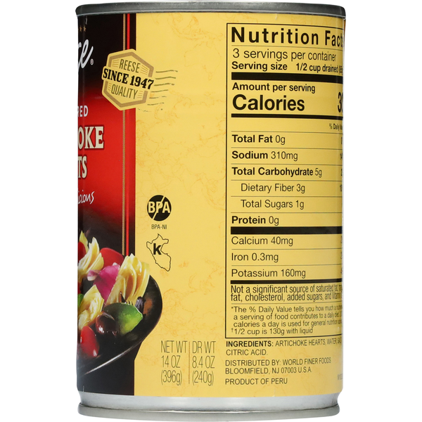 Can of food with nutrition label and brand logo on a white background. NON GMO Project certified quartered artichoke hearts tender and delicious in a can. Reese quality company since 1947.