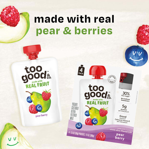 Too Good & Co. Pear Berry Yogurt-Cultured Ultra-Filtered Milk Pouches, Portable Kids Snacks Made with Real Fruit, 3.5 oz, 4 Count