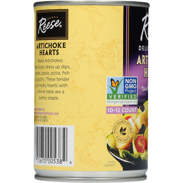 Can of Reese Artichoke Hearts with yellow label and visible branding. NON GMO Project certified delicate baby artichoke hearts tender and delicious in a can. Reese quality company since 1947.