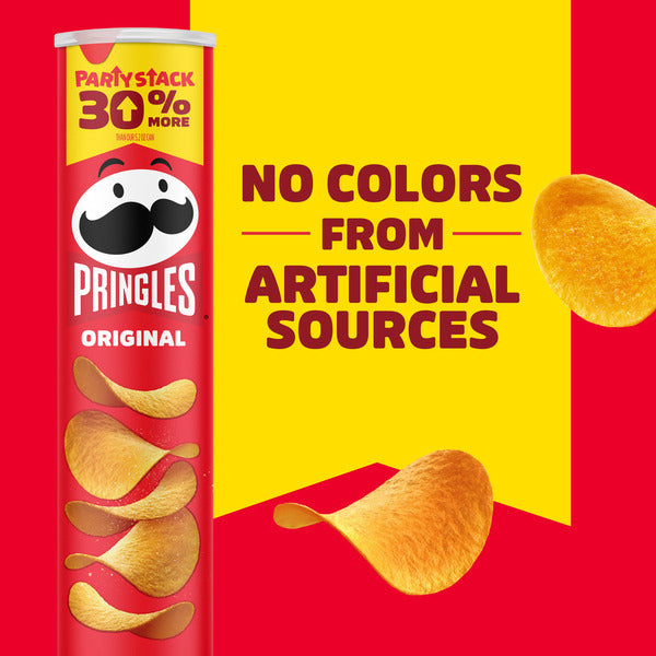 Pringles Original Potato Crisps Party Stack can with original flavor chips and text stating no colors from artificial sources on a red and yellow background