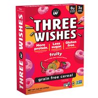 Three Wishes Fruity Grain-Free Cereal cereal box featuring colorful fruit graphics on a clean white background.
