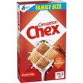 General Mills Cinnamon Chex Family Size breakfast cereal box on a white background. Gluten-free cinnamon-flavored rice cereal with crunchy square pieces in a 19.2 oz family size package.