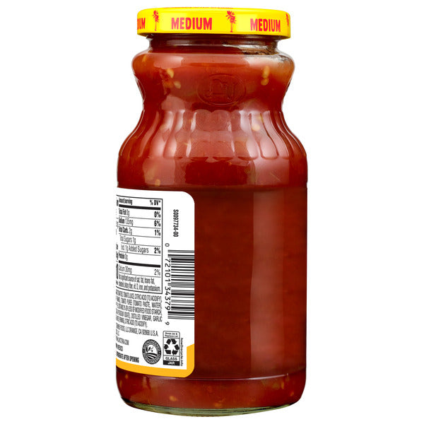 Jar of red sauce with a yellow lid on a white background