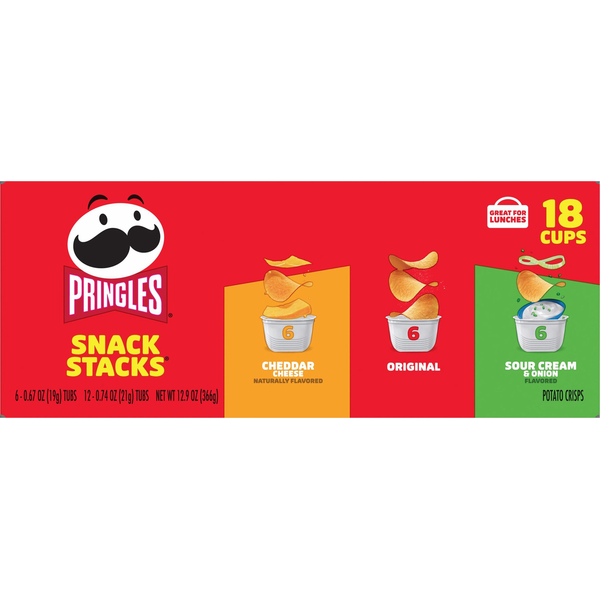 Pringles snack stacks packaging with three flavors on a red background