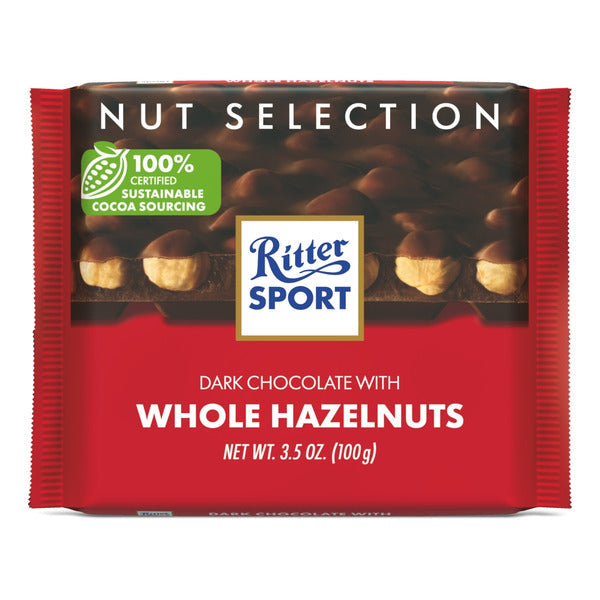 Ritter Sport Dark Chocolate Candy Bar with Crunchy Whole Hazelnuts