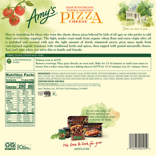 Amy's Kitchen Pizza, Hand-Stretched Wheat Crust, Cheese