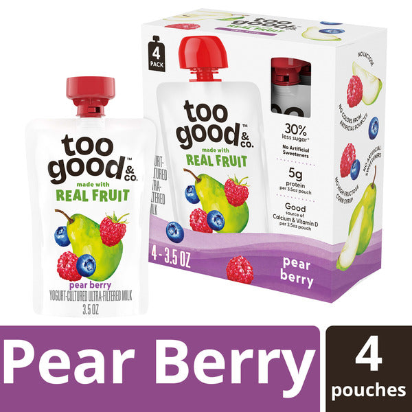Too Good & Co. Pear Berry Yogurt-Cultured Ultra-Filtered Milk Pouches, Portable Kids Snacks Made with Real Fruit, 3.5 oz, 4 Count