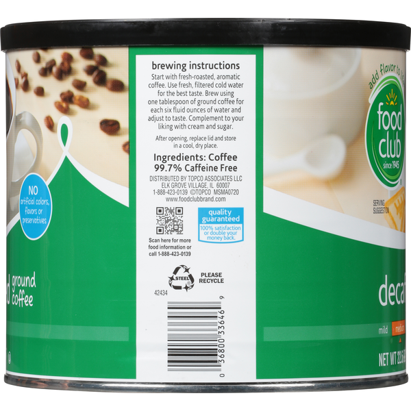 Food Club Coffee, Ground, Decaffeinated, Medium