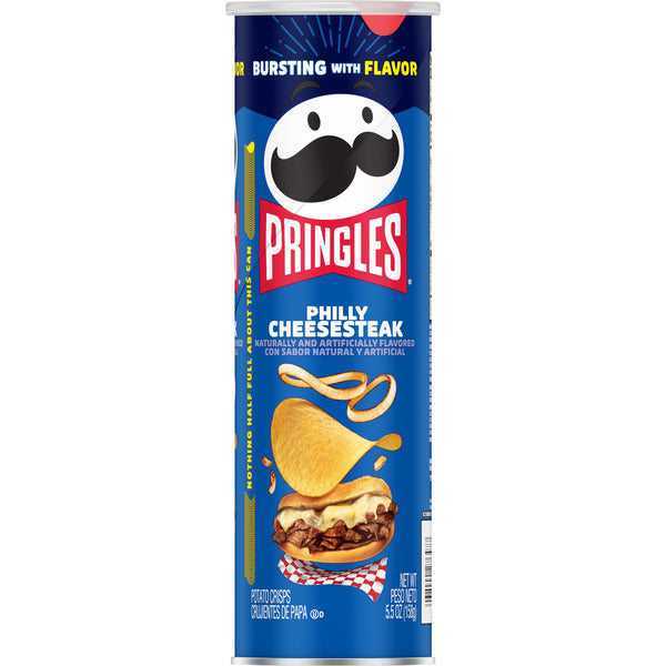 Pringles Philly Cheesesteak flavor potato chip can on a white background