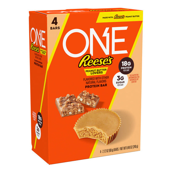 Box of Reese's ONE peanut butter protein bars on a white background. ONE REESE'S Peanut Butter Lovers Flavored Protein Bars, 2.12 oz (4 Count) with 18g protein per bar