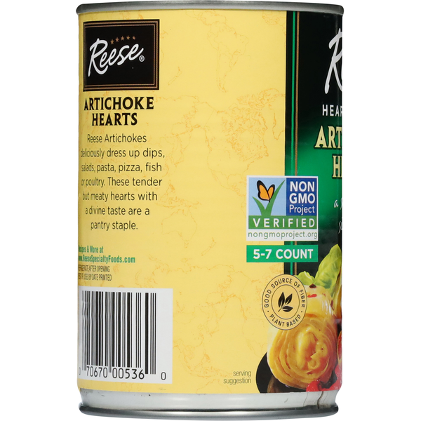 Can of Reese Artichoke Hearts with label and branding details. Reese Hearty Large Artichoke Hearts a satisfying side dish. Non GMO Project Certified Reese company quality since 1947.