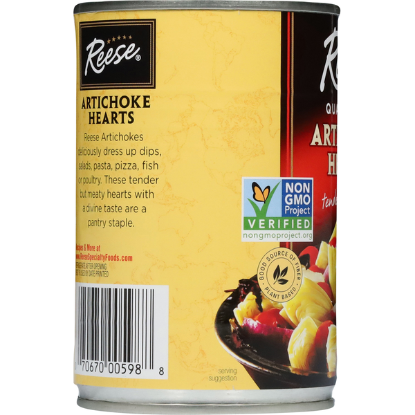 Can of Reese Artichoke Hearts with label and branding details. NON GMO Project certified quartered artichoke hearts tender and delicious in a can. Reese quality company since 1947.