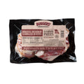 Vacuum-sealed package of Burgers' Smokehouse Original Hickory Smoked Bacon Pieces, dry cured with no water added, on a white background.