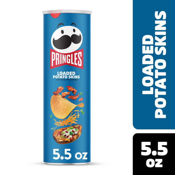 Pringles Loaded Potato Skins can with blue label and white text on a white background