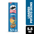 Pringles Loaded Potato Skins can with blue label and white text on a white background