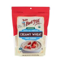 Organic Bob's Red Mill Creamy Wheat hot cereal box with wholesome whole grain breakfast cereal on a clean white background.
