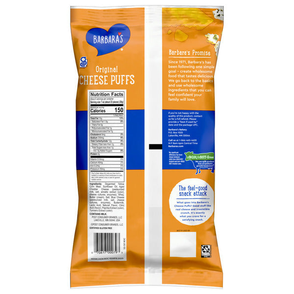 Barbara's Cheese Puffs Baked Original, Gluten Free Kids Snacks, Real Aged Cheese