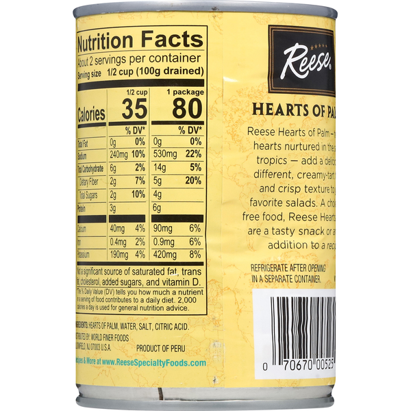 Can of Reese Hearts of Palm with nutrition facts label on a white background. Reese Select Hearts of Palm tender and delicious Non GMO Project Certified Reese company quality since 1947.