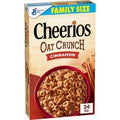 Box of Cheerios Oat Crunch Cinnamon cereal with a family size label.