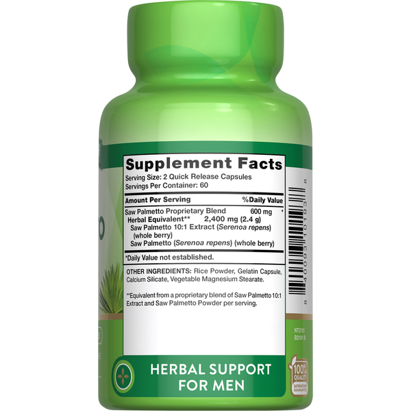 Supplement bottle with green label and 'Herbal Support for Men' text on a white background