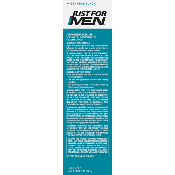 Just For Men Mustache & Beard Hair Color safety warnings, usage directions, allergy precautions, and Real Black M-55 product information panel.