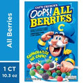 Cap'N Crunch Oops! All Berries sweetened corn and oat cereal box with colorful berry-shaped cereal pieces on a vibrant blue package.