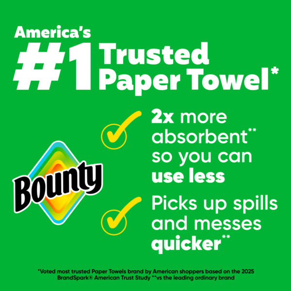 Bounty paper towel advertisement on a green background with text highlighting features and branding.