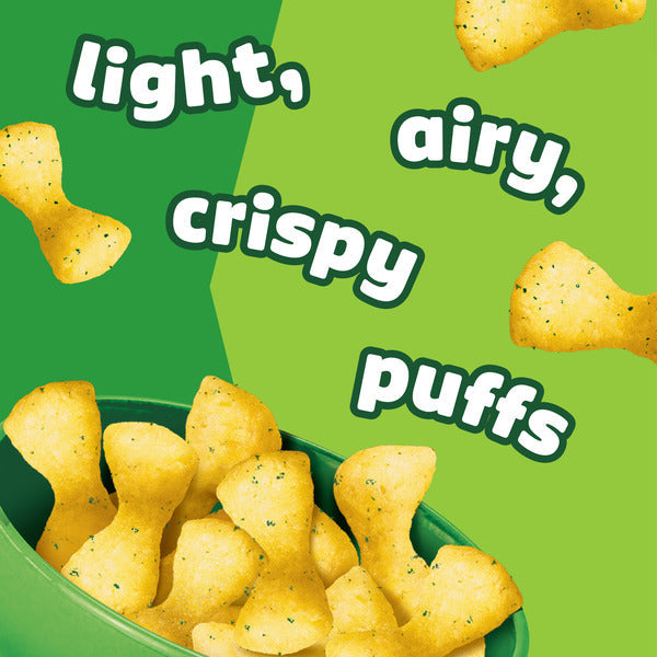 Crispy puffs in a green bowl with text on a green background