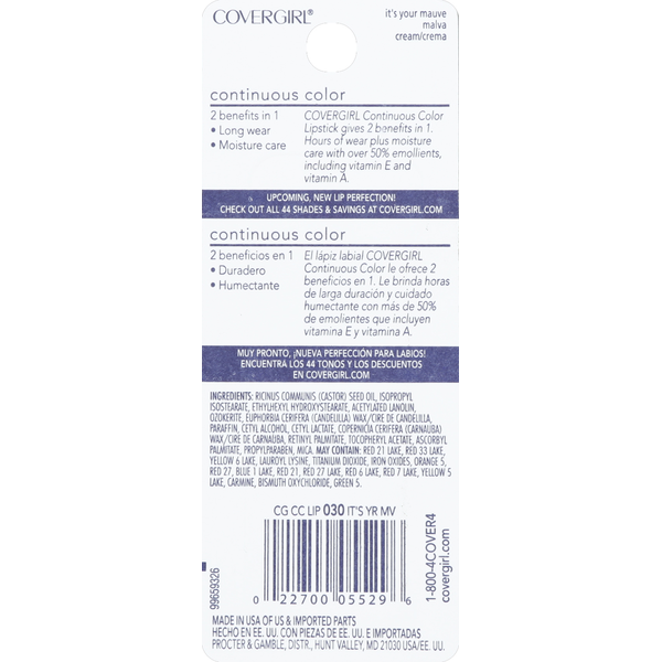 COVERGIRL Continuous Color Lipstick, It's Your Mauve, Female Cosmetics
