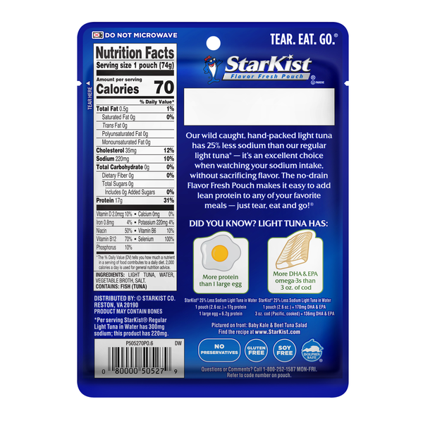 StarKist 25% Less Sodium Light Tuna in Water Pouch