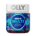OLLY Men's Multi multivitamin gummy supplement bottle with blackberry-themed label and 90 gummies on a white background. A Multitasking Blend of Vitamins A, C, D, E, B and Zinc