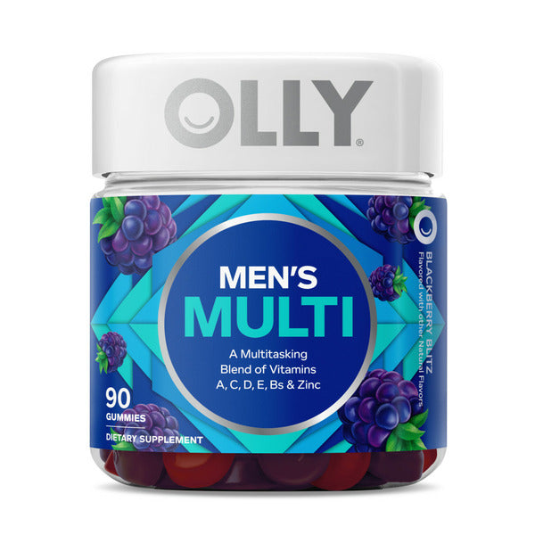 OLLY Men's Multi multivitamin gummy supplement bottle with blackberry-themed label and 90 gummies on a white background. A Multitasking Blend of Vitamins A, C, D, E, B and Zinc